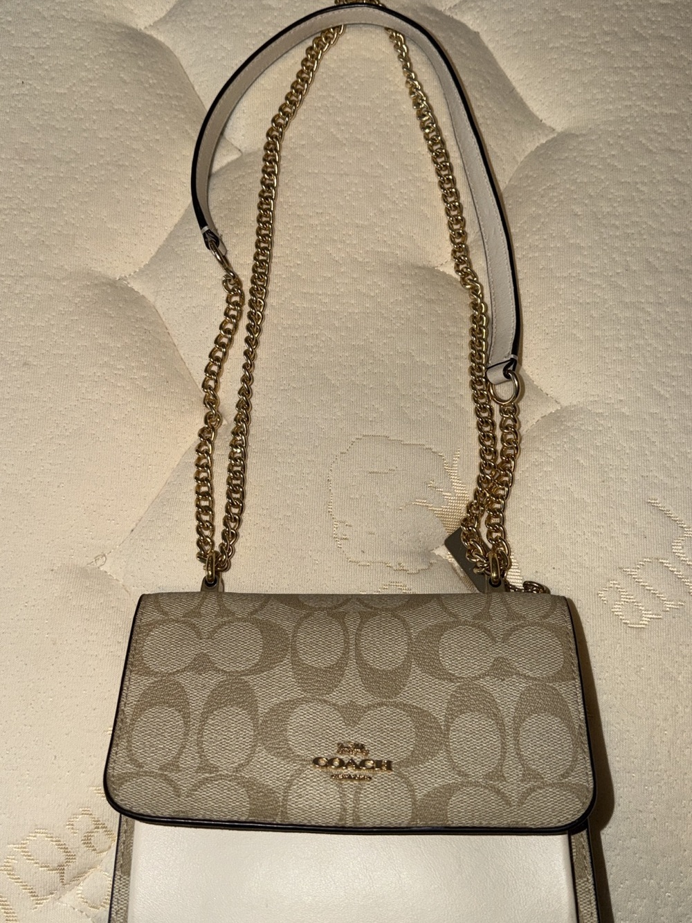 Coach Beige Signature Canvas and White Leather Chain Shoulder Bag